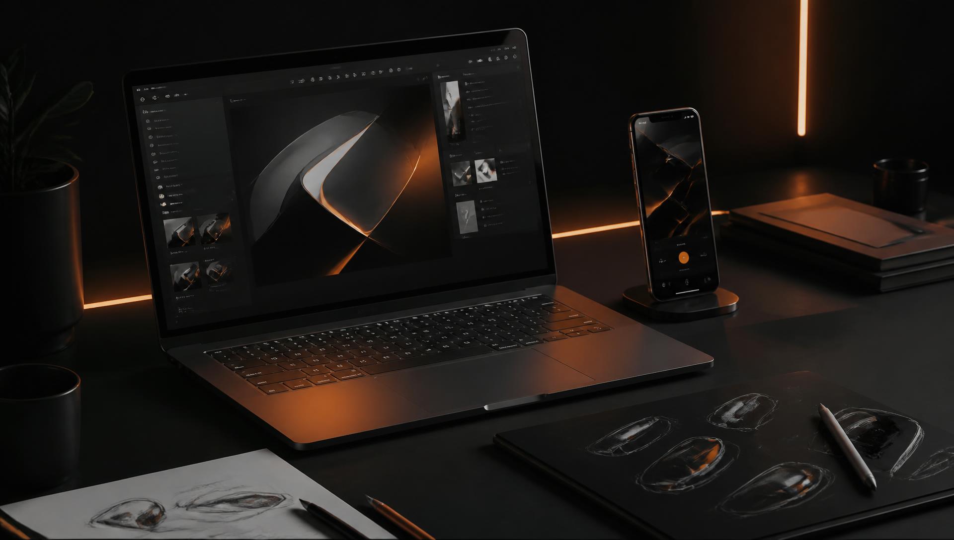 ZeroNine1 — dark studio desk with a laptop, phone and design sketches lit by orange light